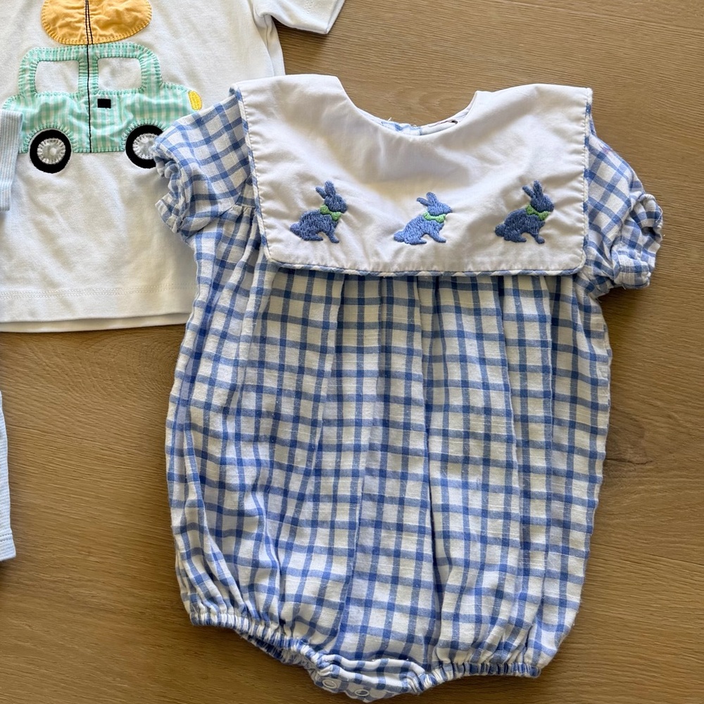 Blue Gingham Baby Bubble with Embroidered Bunnies